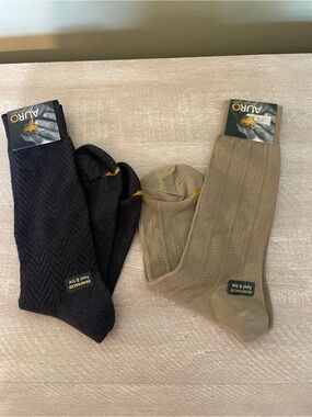 New 2 pair Auro by Gold Toe Men's Dress Socks Black and Tan crew soft